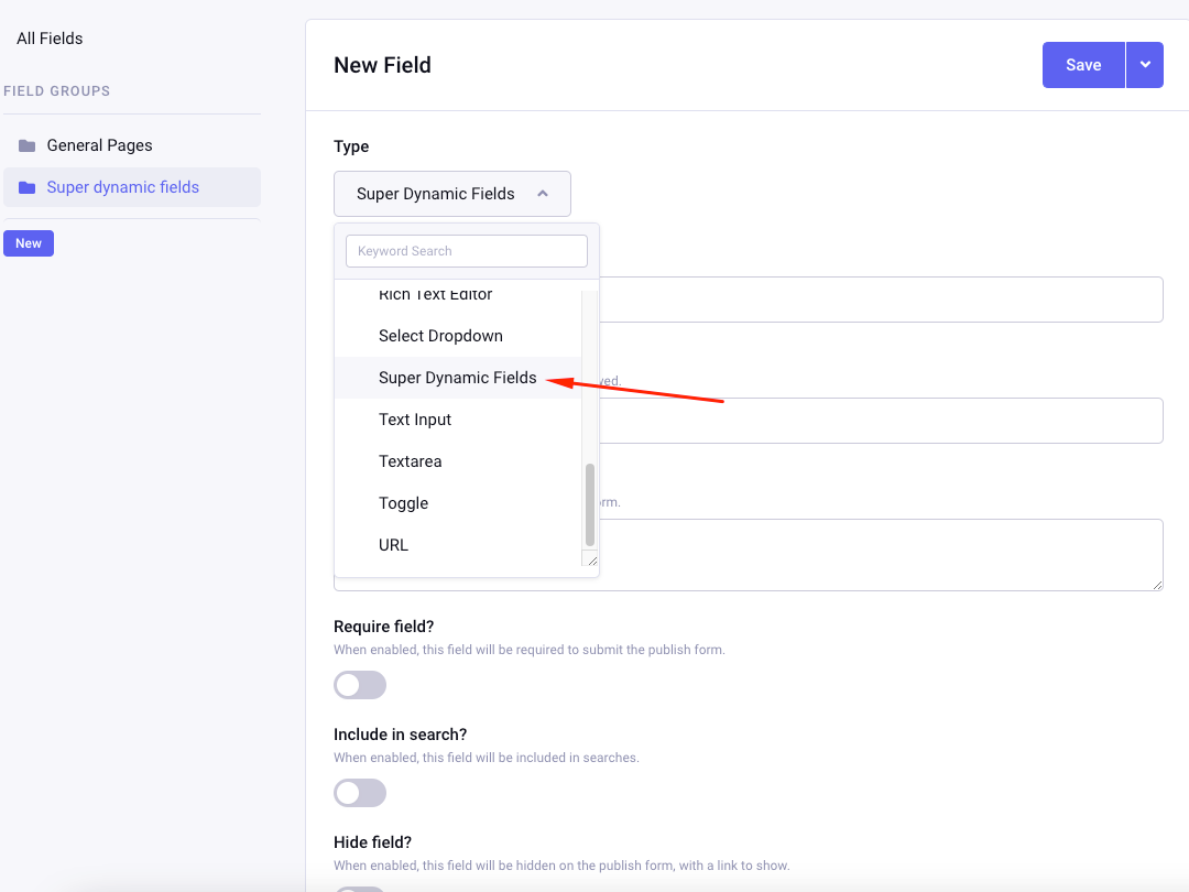 Create new field - Main
