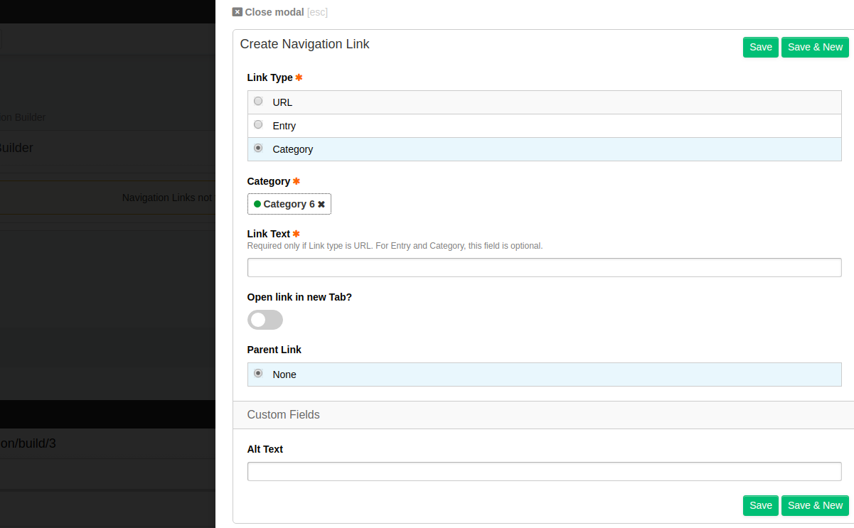 Add new Link Modal for Category