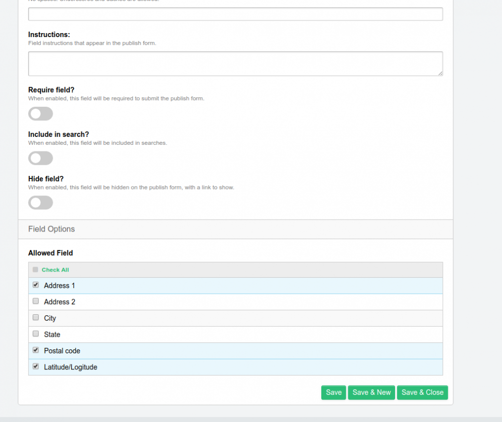 Create Field - Settings