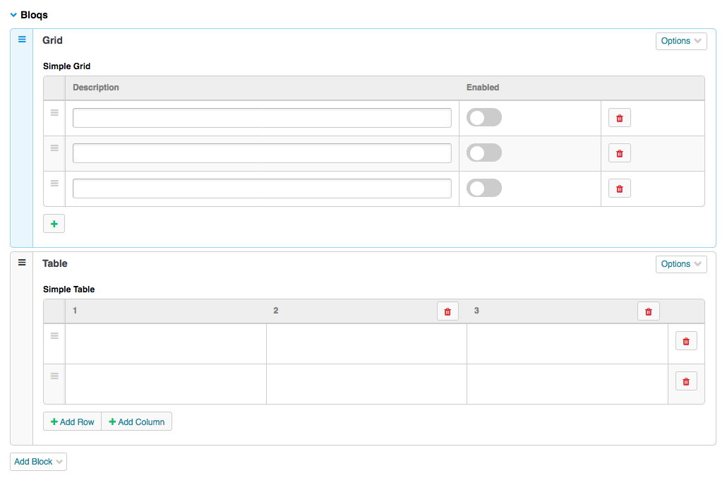 Simple Grid and Simple Table inside of Bloqs